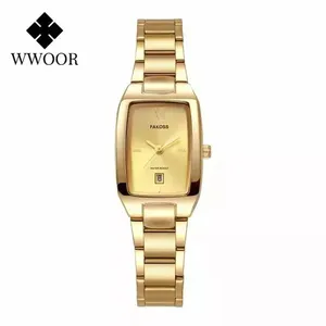 Relógio Feminino Wwoor Elegante Moda Aço Inoxidável À Prova D'Água Dourado