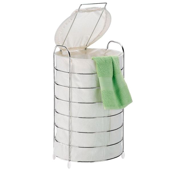 Cesto de Roupa para Chão Utimil CR482 em Arame Cromado e Tecido Bege Branco com Bege