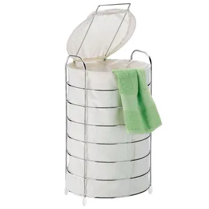Cesto de Roupa para Chão Utimil CR482 em Arame Cromado e Tecido Bege Branco com Bege