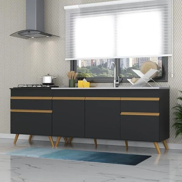 Kit 2 Balcões Gabinete Pia 150 Cm E Cooktop 70 Cm Preto