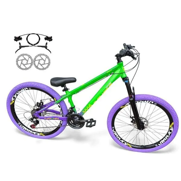 Bicicleta aro26 Vikingx Tuff X44 Freio Hidráulico 21v Freeride Rodas Vmaxx Pneu Flame VerdeRoxo