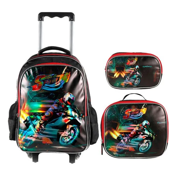 Kit Escolar Motocross Yins - Mochila com Rodinhas, Lancheira e Estojo