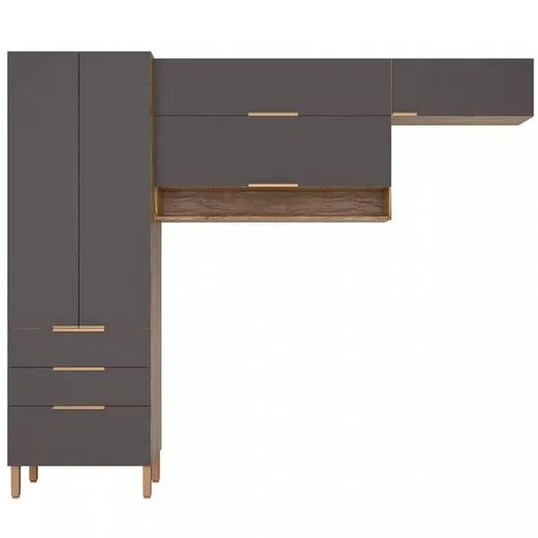 Cozinha Compacta Bartira Topázio UP com 5 Portas, 3 Gavetas e 4 Prateleiras 262.5cm Marrom com Cinza