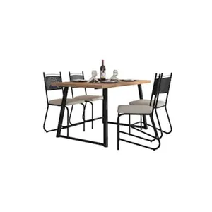 Conjunto de Mesa de Jantar 4 Cadeiras Fabone Atlanta Aço Carbono Estofadas Corano Retangular 136x80 Preto