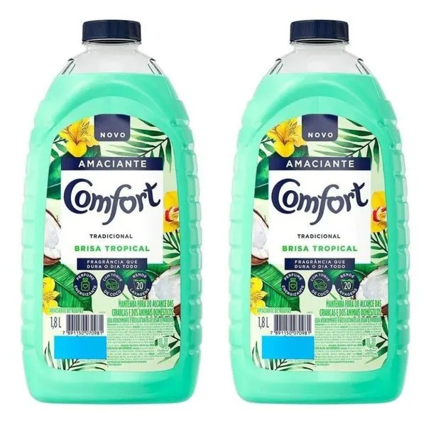Kit Com 2 Amaciante Comfort De Roupa Brisa Tropical Com Toque De Coco Frasco 1 8l