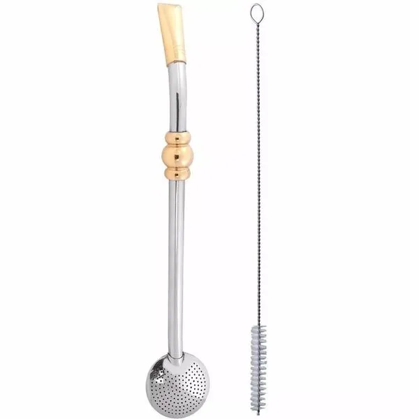 Bomba 25cm Chimarrão Terere Banhada Ouro 18k Mais Escovinha Inox