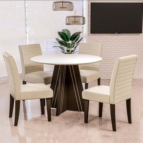 Mesa de Jantar Turim com 4 Cadeiras Revestimento em Tecido Linho Dobuê Castanho, Branco Off e Bege