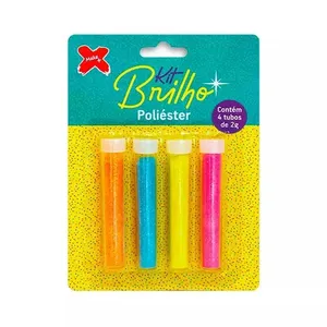 Glitter em Poliéster 45g com 4 Cores Rosa, Azul, Amarelo e Laranja