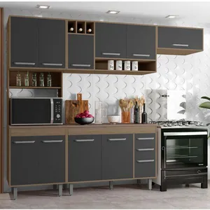Cozinha Completa Poliman Barcelona com 11 Portas, 2 Gavetas e 4 Prateleiras - 258cm de largura Carvalho com Grafite