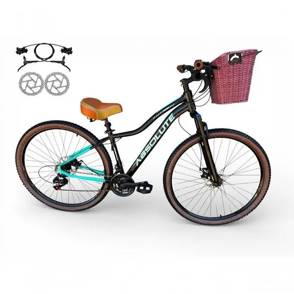 Bicicleta Aro 29 Feminina Absolute Hera Retrô Vintage 21v Hidráulica Confortável Cesta Selim 2 Molas - Preto/azul Tam 17