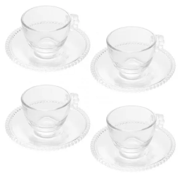Conjunto com 4 Xícaras e Pires para Café Wolff Pearl em Cristal 80ml Transparente