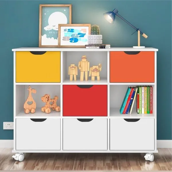 Conjunto Nicho Organizador Kenya 9 Espaços Rodízios 3 Gavetas Brancas Coloridas