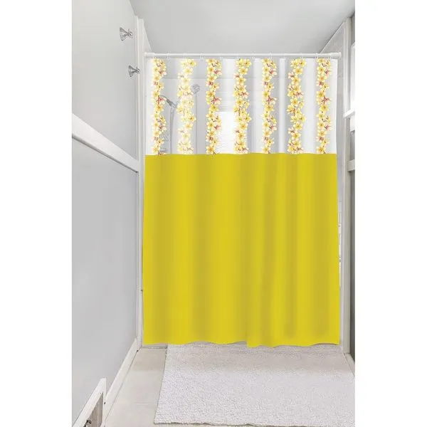 Cortina para Box Vinil 135x200cm Plast Leo com Visor Retangular Estampado Flores Amarela