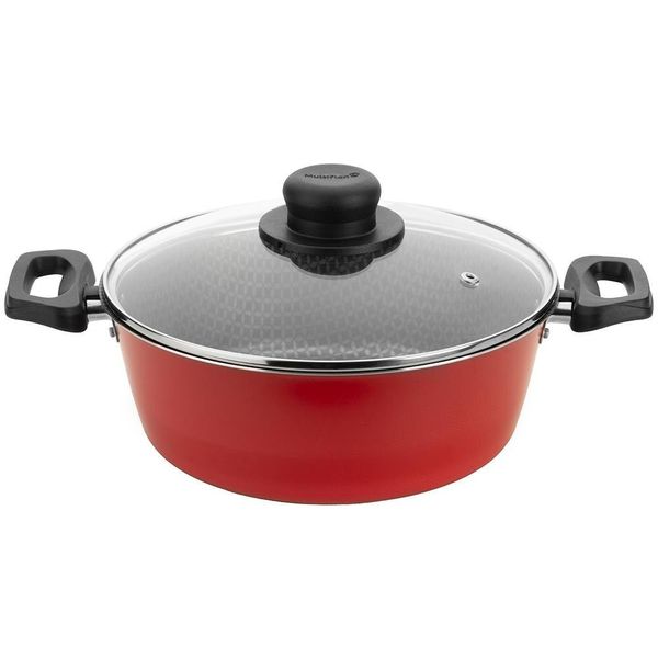 Caçarola Multiflon Essencial em Alumínio com Revestimento Interno Antiaderente e Tampa de Vidro com Saída de Vapor 20 cm Vermelho