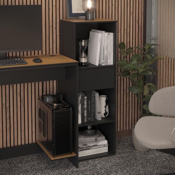 Armário Para Escritório Com 1 Gaveta E 3 Nichos 99cm Tech - Preto E Cedro