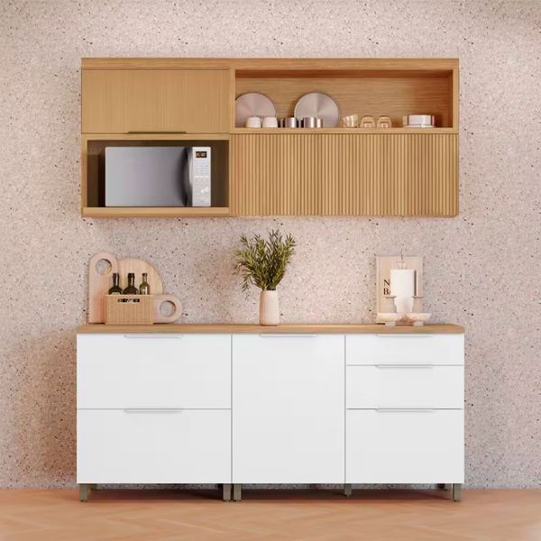 Cozinha Completa em MDF Nesher Marquesa com 4 Portas 4 Gavetas e 4 Prateleiras 200cm de Largura Marrom/Cinza