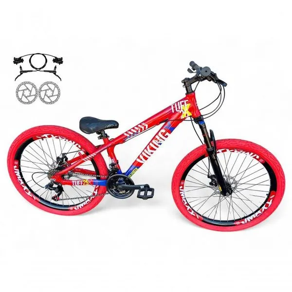 Bicicleta Aro 26 Vikingx Tuff Freio Hidráulico 21v Freeride Rodas Vmaxx Suspensão Pneu Flame vermelho-Azul X25