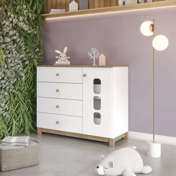 Cômoda Infatil Aconchego 1 Porta 4 Gavetas Branco e Jequitibá HP