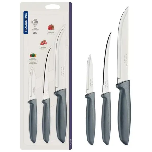 Conjunto de Facas Tramontina Plenus em Aço Inox - 3 Peças Cinza