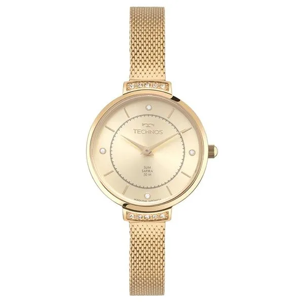 Relógio Technos Feminino Ref: Vj20ab/1x Slim Safira Mesh Dourado