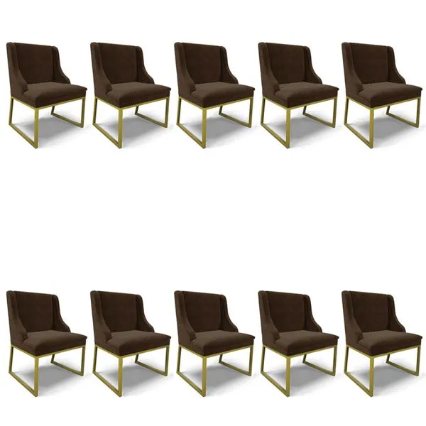 Cadeira Sala de Jantar Industrial Dourado Kit 10 Liz Suede D03 - D'Rossi Marrom