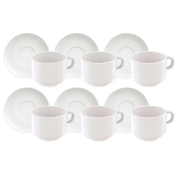 Conjunto com 6 Xícaras e Pires para Chá Tramontina Paola em Porcelana - 240 ml Branco