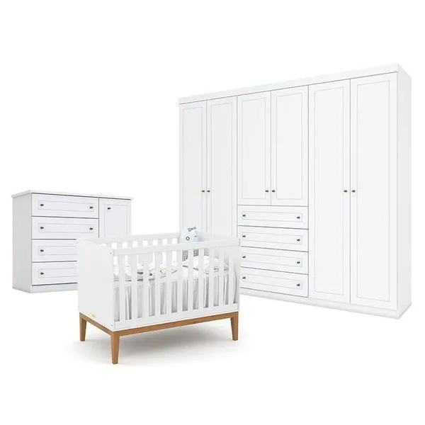 Quarto De Bebê Americano 6 Portas Com Berço Americano Unique Branco Soft Eco Wood - Matic - Henn