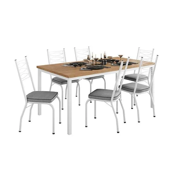 Conjunto de Mesa Retangular com Tampo de MDP Amadeirado e 6 Cadeiras Adriana I Revestimento Sintético Platina e Branco