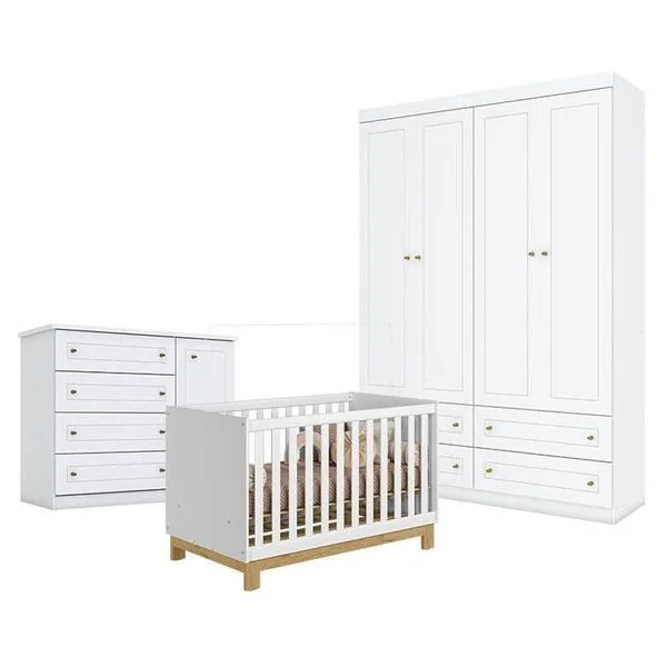 Quarto De Bebê Americano 4 Portas Com Berço Americano Mini Cama Q Encanto Slim Branco Acetinado - Qmovi - Henn