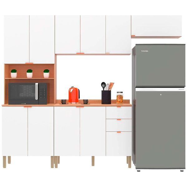 Cozinha Completa Bartira Joy com 11 Portas 2 Gavetas 5 Prateleiras e Nicho para Micro-ondas 244,5cm Damasco com Branco