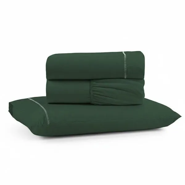Jogo Lençol Solteiro Premium Soft 600 Fios Micropercal Verde Escuro Ponto Palito Toque Macio 3 Peças