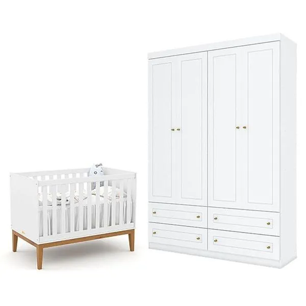 Berço Americano Unique Branco Soft Eco Wood - Matic E Guarda Roupa Infantil Americano 4 Porta Branco Hp - Henn