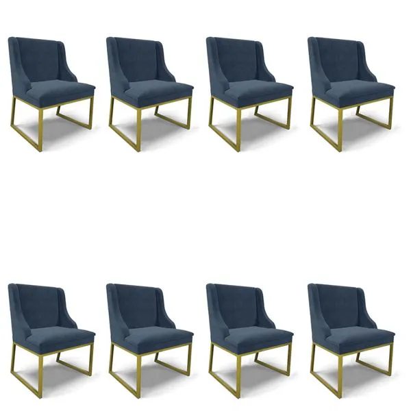 Cadeira Sala de Jantar Industrial Dourado Kit 8 Liz Suede D03 - D'Rossi Azul Marinho