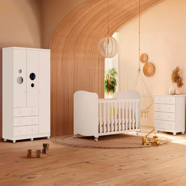 Guarda-Roupa Infantil Peroba Duda Plus com 92 cm de largura + Cômoda com 1 Porta, 4 Gavetas, 1 Prateleira com 65,1 cm de largura + Berço Branco
