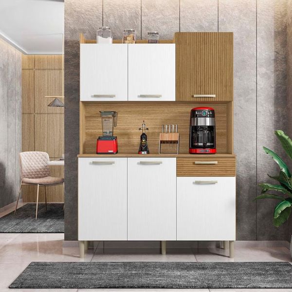 Cozinha Compacta Kit`s Paraná Florence com 6 Portas 1 Gaveta e 2 Prateleiras 121,5cm de largura Patina Ripado Freijo