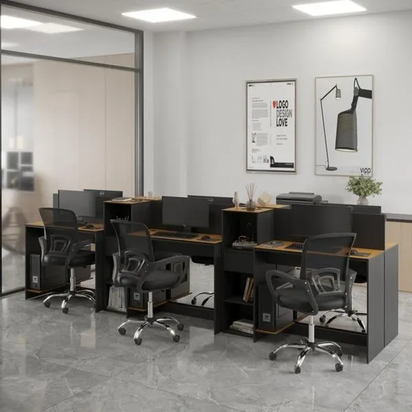 Estação De Trabalho 6 Lugares Office Tech 6 Mesas 4 Armários - Preto E Cedro Preto E Cedro