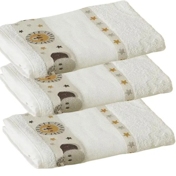 Kit ( 3 ) Toalha de Banho KazzaVip Infantil 100% Algodão Jacquard Barra para Bordar Funny Branco Off-White