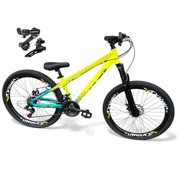 Bicicleta aro26 VikingxTuff Câmbios Shimano 21v Freeride FreioDisco aroVmaxx Pneu Flame AmareloVerde