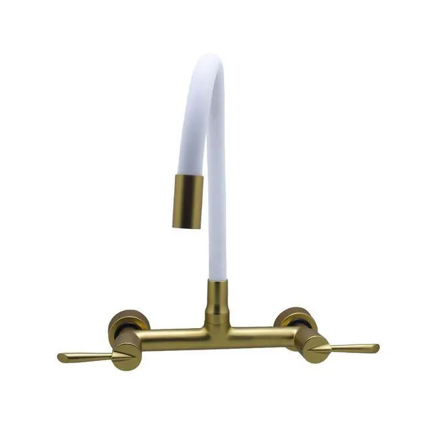 Torneira Cozinha Misturador Tubo Flexível Parede Branco Com Dourado 1/4 Volta Metal Luxo