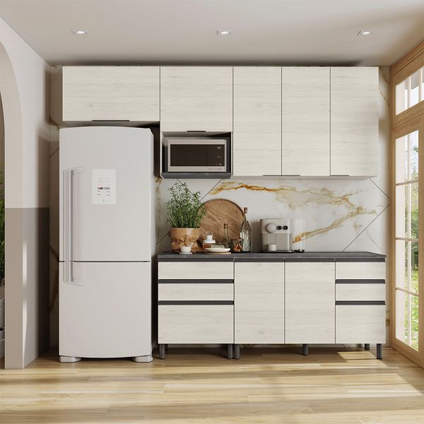 Cozinha Bartira Cristal com 7 Portas, 6 Gavetas, 4 Prateleiras e Nicho para Micro-ondas - 260cm de largura Freixo