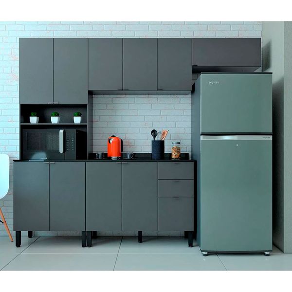 Cozinha Completa Bartira Joy com 11 Portas 2 Gavetas 5 Prateleiras e Nicho para Micro-ondas 244,5cm Grafite