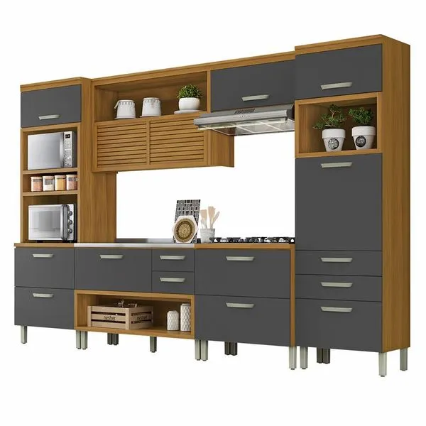 Cozinha Completa em MDF Nesher Princesa com 8 Portas 7 Gavetas e 17 Prateleiras 334cm Freijo e Grafite