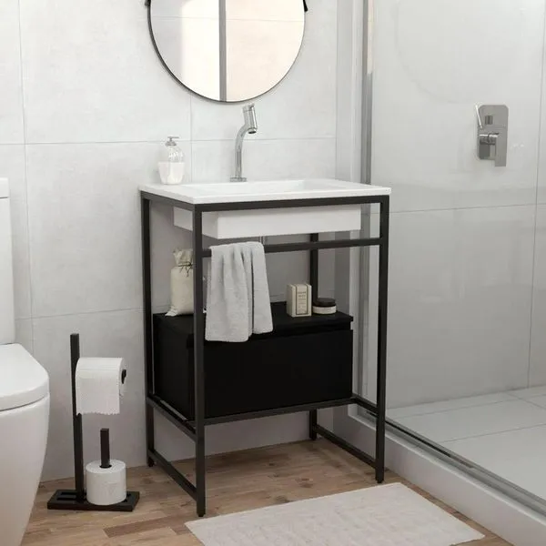 Gabinete Para Banheiro Iron Black Com Gaveteiro 60x45cm Branco Fosco