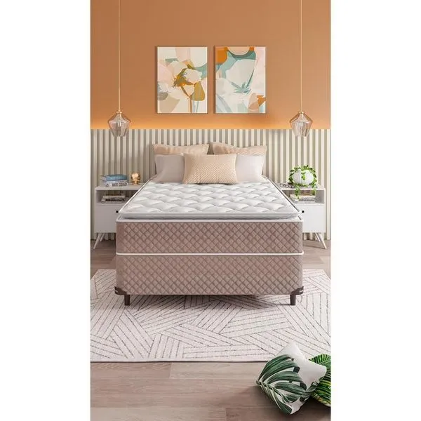 Cama Box Casal Umaflex Berlim Pillow Top e Molas Ensacadas Castor com Branco