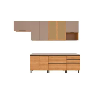 Cozinha Completa Bartira Cristal com 10 Portas, 5 Gavetas, 9 Prateleiras e Bancada Gourmet - 300cm de Largura Lâmina Mel/Nude
