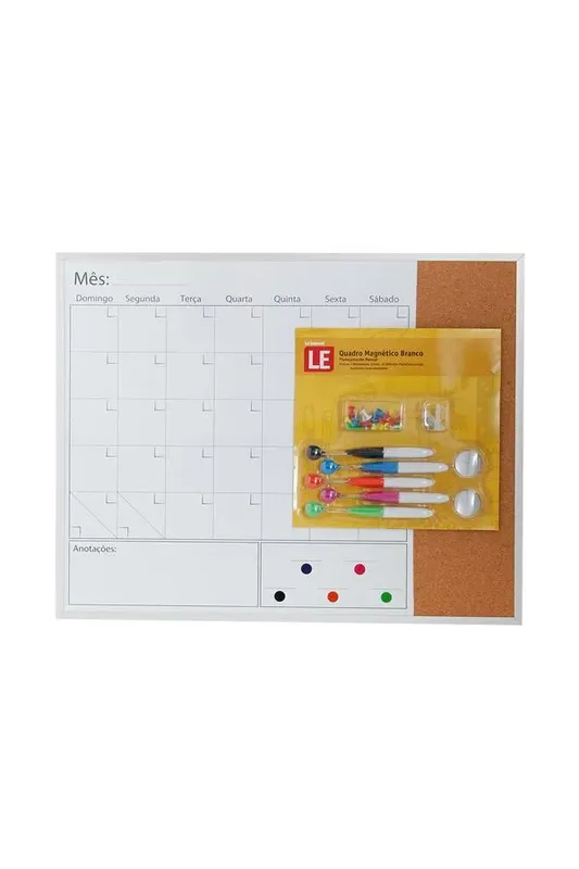 Quadro Magnético Branco Le visão Mensal com Cortiça, Ímãs, Marcadores e Alfinetes 40,6x50,8cm
