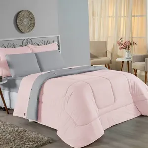 Kit Edredom Dupla Face + Jogo De Lençol Queen Nobre 7 Peças Malha 100% Algodão - Rosa / Cinza
