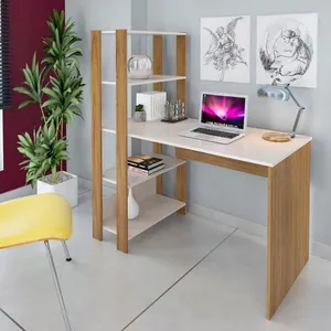 Escrivaninha Artely Match com 3 Prateleiras Espaço para Impressora e Nicho 120cm de Largura Off White/Carvalho Fosco