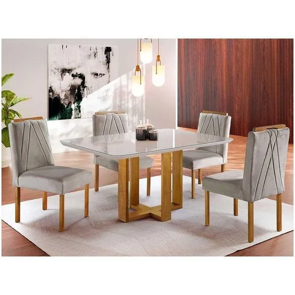 Conjunto Sala Jantar 4 Lugares Mesa e Cadeiras Linho Grafite