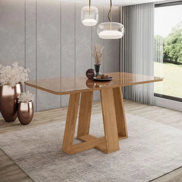 Mesa Lins 6 Lugares Tampo 160cm Canto Arredondado Com Vidro Nature